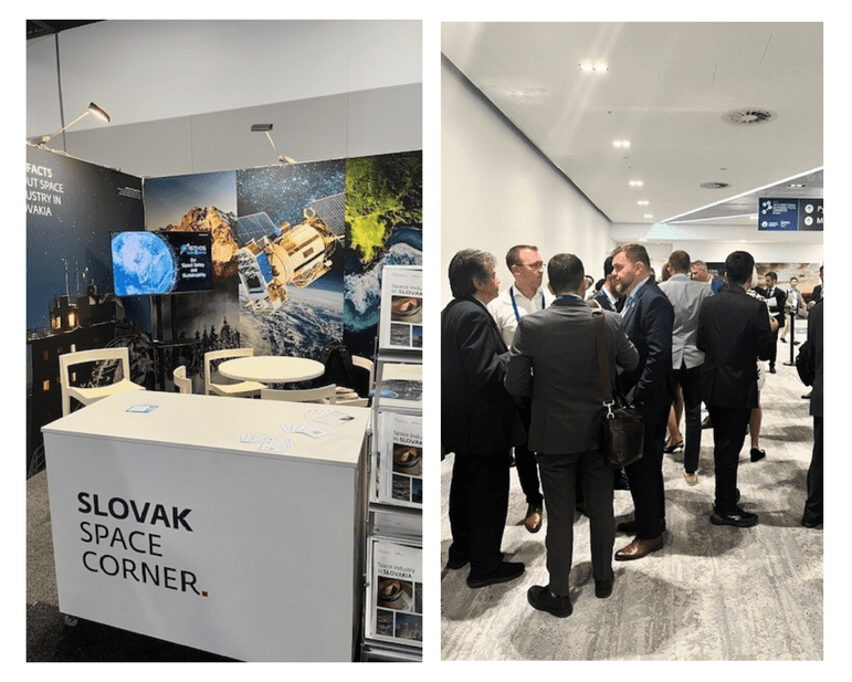 Záber na stánok Slovenskej vesmírnej kancelárie / diskusia účasníkov